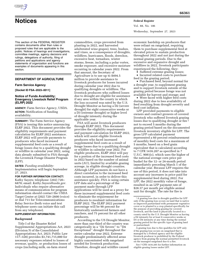 Emergency Livestock Relief Program 2022: Notice of Funds Availability preview