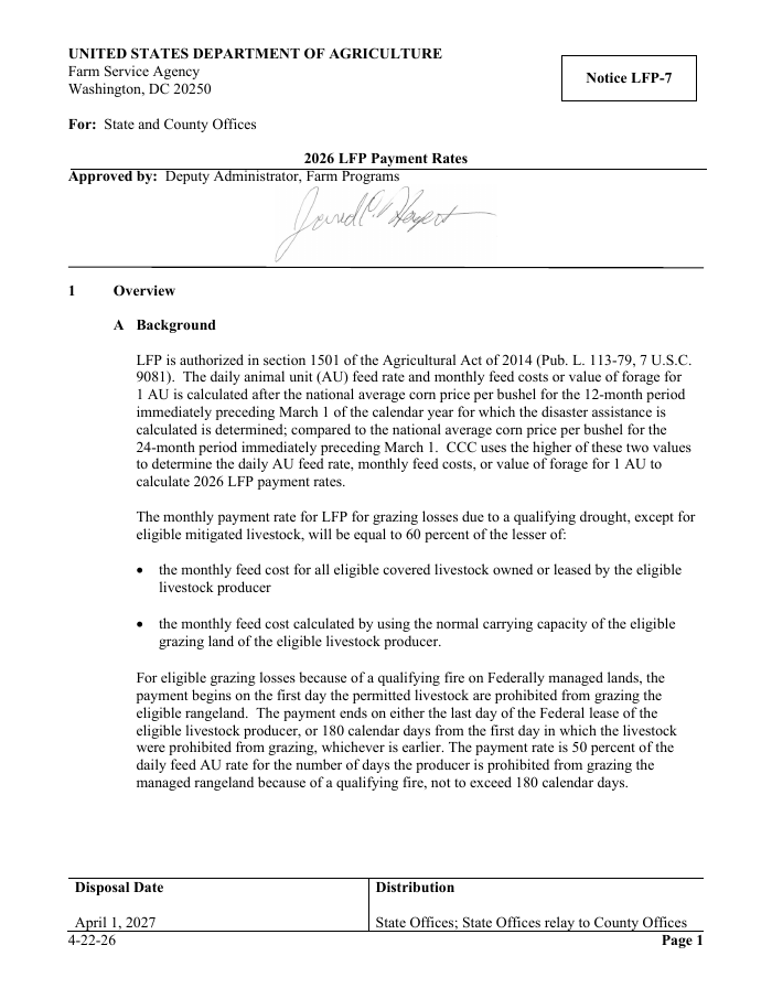 FSA Notice LFP-7: 2026 LFP Payment Rates preview